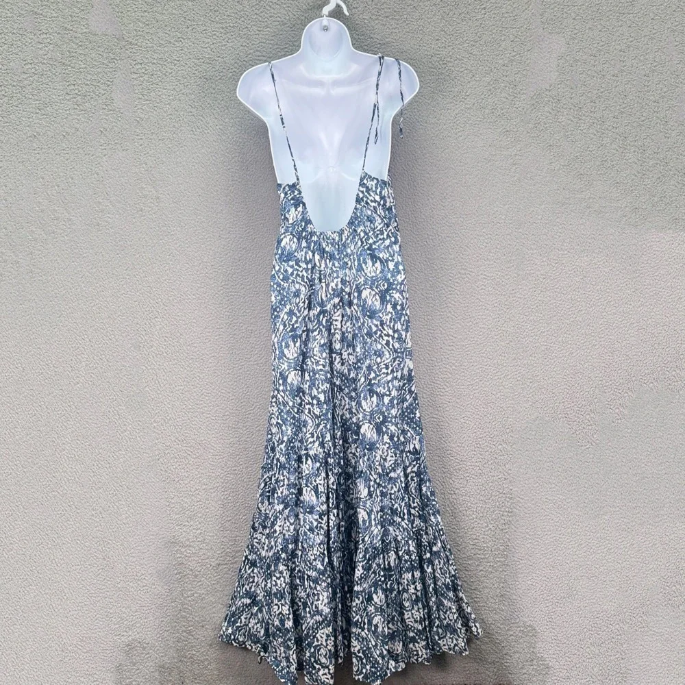 Abercrombie Dress Womens L Blue White Batik Tiered Maxi Tie Strap Boho Beach
